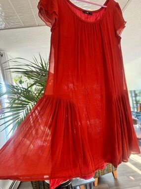 Autre Ton Paris 100% Silk Burnt Orange Ruffle Dress - Tiered Hem - 38/6 RARE